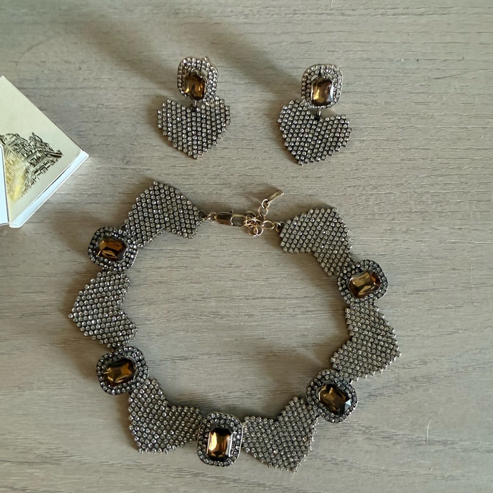Heart Pendant Necklace & Earring Set - Gold/Bronze/ Smoky Quartz